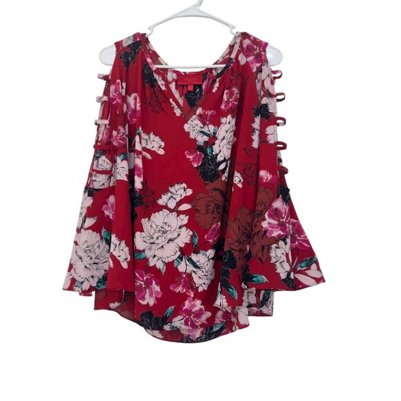 Jennifer Lopez Women SZ XL Red Floral Cold Shoulder Top Blouse V neck - Picture 12 of 14